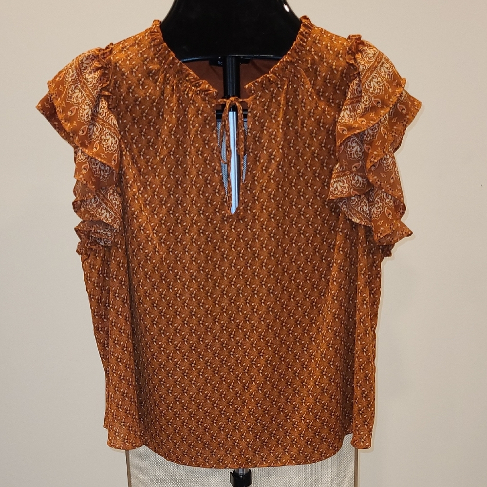#73 BCBG Rust Orange Blouse with Ruffle Sleeves
